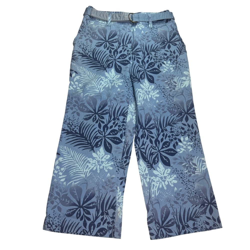 Basic Editions Size 4 Blue Tropical Leaf Print Wide Leg Cropped Denim Pants